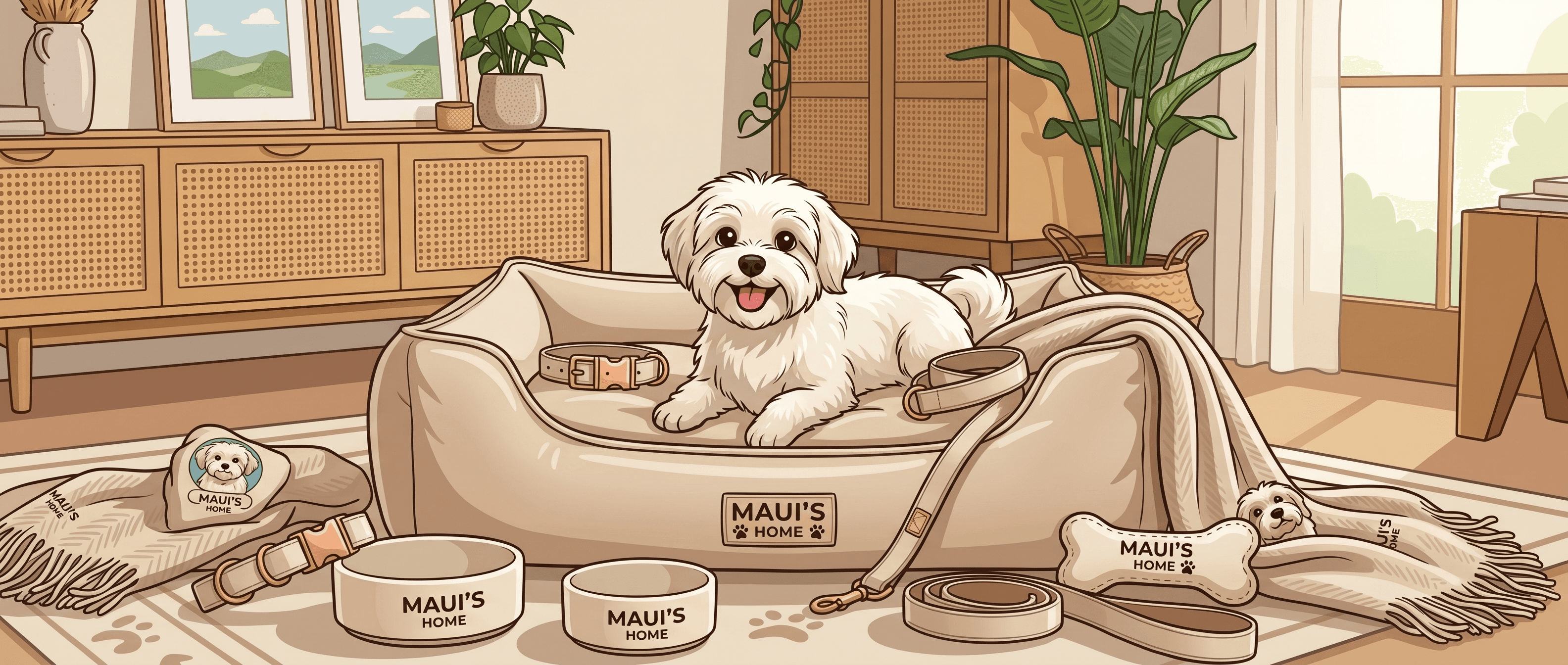 Illustrazione di Maui, il nostro Maltipoo, su una cuccia MAUI'S HOME con ciotole, osso e guinzaglio brandizzati